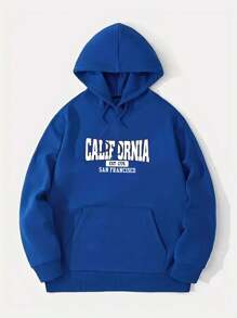 Capucha con estampado de letra con forro térmico con bolsillo de canguro con cordón - Azul - Ver 1