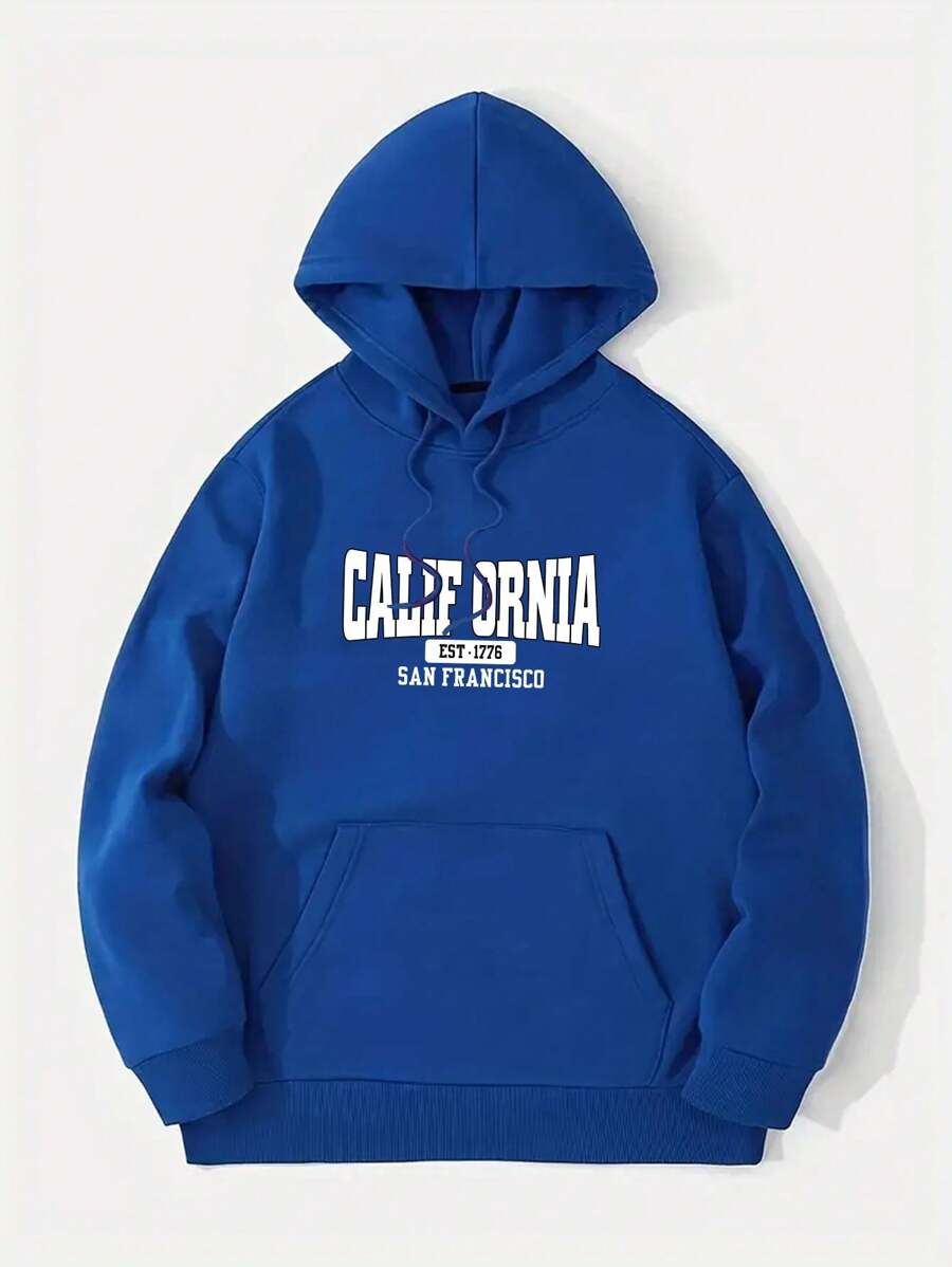 Capucha con estampado de letra con forro térmico con bolsillo de canguro con cordón - Azul - Ver 1