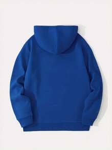 Capucha con estampado de letra con forro térmico con bolsillo de canguro con cordón - Azul - Ver 2
