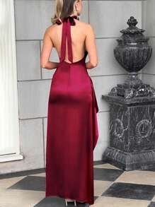 Spring & Autumn High Slit Sleeveless Dress With Ruffle Neck Design For Party, Wedding Guest Dress - Burgundy - View 6