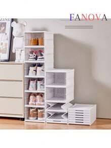 6 Pcs/Set Stackable Clear Plastic Shoe Boxes, Closet Shoe Organizer, Modular Shoe Storage Containers, White Plastic Shoe Storage - White - View 1