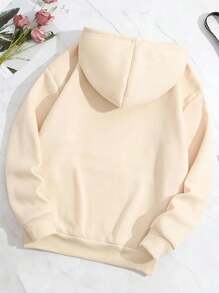 Letter Print Hood With Thermal Lining With Drawstring Kangaroo Pocket - Khaki - View 2