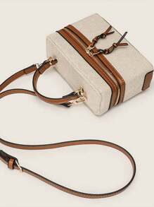 Fashionable Bicolor Beige Canvas Vintage PU Mini Handbag, Business Casual Woman Bag Perfect For Office Business And Work - Beige - View 5