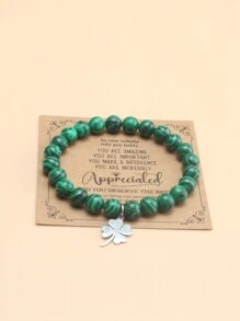 1pc Green Turquoise Beaded Bracelet With Stainless Steel Four-Leaf Clover Pendant, Suitable For Men's Daily Wear, Perfect Gift For St. Patrick's Day