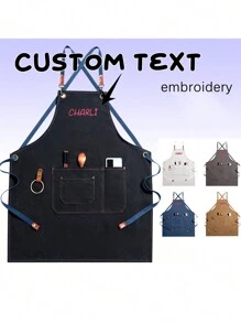 1 件带口袋的个性化刺绣帆布围裙，个性化男女无袖围裙，定制刺绣围裙，调酒师围裙，酒吧围裙，家居礼品，厨房烹饪防尘围裙，送给他/她的礼物，周年纪念围裙 - 彩色 - 查看 1