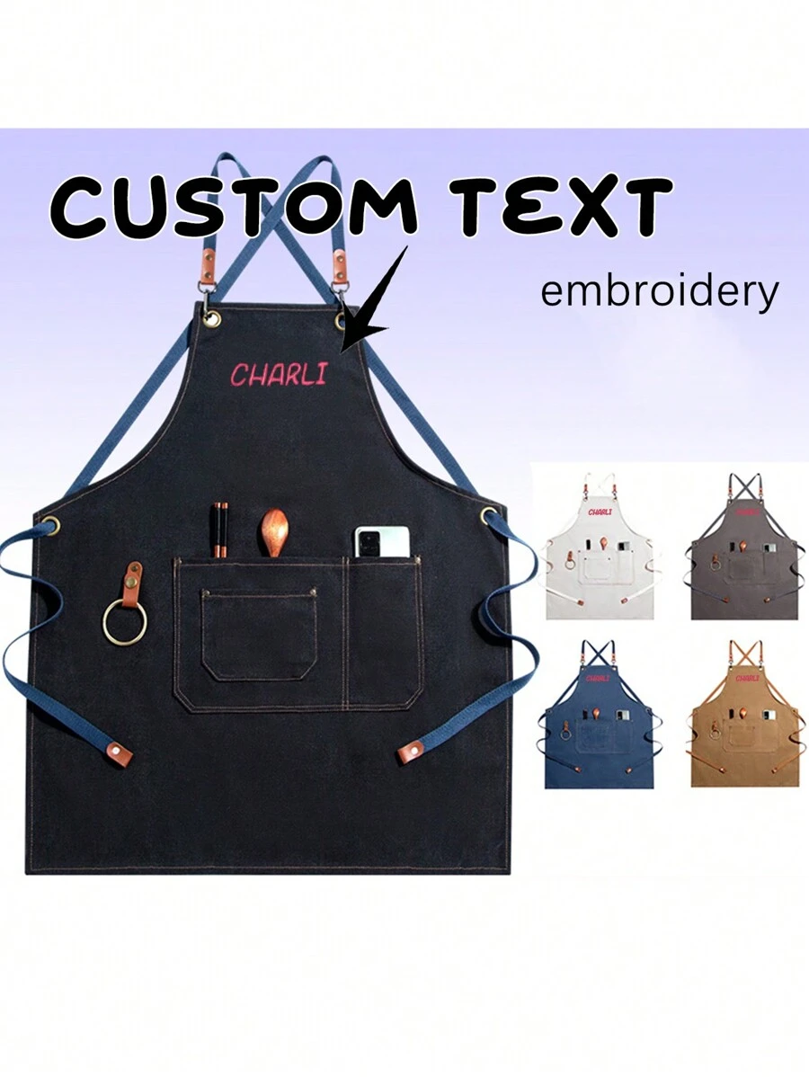 1 件带口袋的个性化刺绣帆布围裙，个性化男女无袖围裙，定制刺绣围裙，调酒师围裙，酒吧围裙，家居礼品，厨房烹饪防尘围裙，送给他/她的礼物，周年纪念围裙 - 彩色 - 查看 1