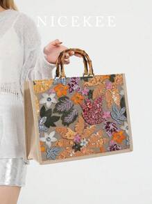 Túi xách đính sequin cổ điển mới, dung tích lớn, túi xách dệt thêu hoa phối màu tương phản thời trang, túi xách dự tiệc thanh lịch đa năng, phù hợp cho đám cưới, lễ hội âm nhạc và dạ hội, túi hoa tinh tế, túi sequin lấp lánh, thể hiện vẻ quyến rũ nữ tính thanh lịch. - Nhiều màu - Xem 1
