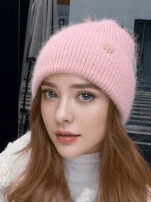 1pc Winter Women's Beanie Metal Tag Fashion Female Stretch Wool Knitted Hat Thick Warm Ear Protection Hood Cold Hats For Woman ,Soft Slouchy Warm Snug Snow Ski Running Unisex Adult Knit Hat