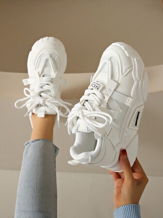 New Women's Thick Sole Sneakers, Four Seasons, Flat, Beige, Orange, Purple, Black & White, Brown, Casual Shoes, Fashion Mesh Lace-Up Colorblock Round Toe Chunky Sneakers