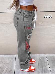 美国街头时尚畅销印花宽松破洞中腰弹力直筒大码女童牛仔裤 - 灰色 - 查看 4