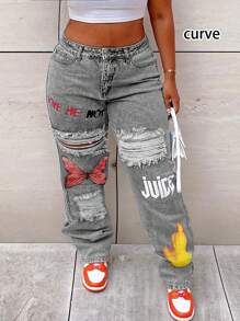 美国街头时尚畅销印花宽松破洞中腰弹力直筒大码女童牛仔裤 - 灰色 - 查看 1