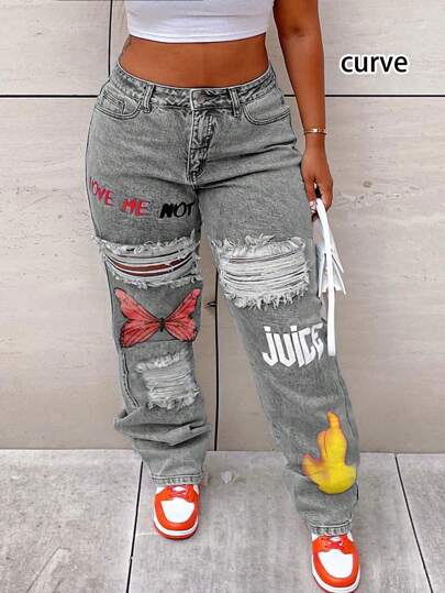 US Street Fashion Bestselling Print Loose Ripped Mid-Waist Stretch Straight Leg Plus Size Girls Jeans