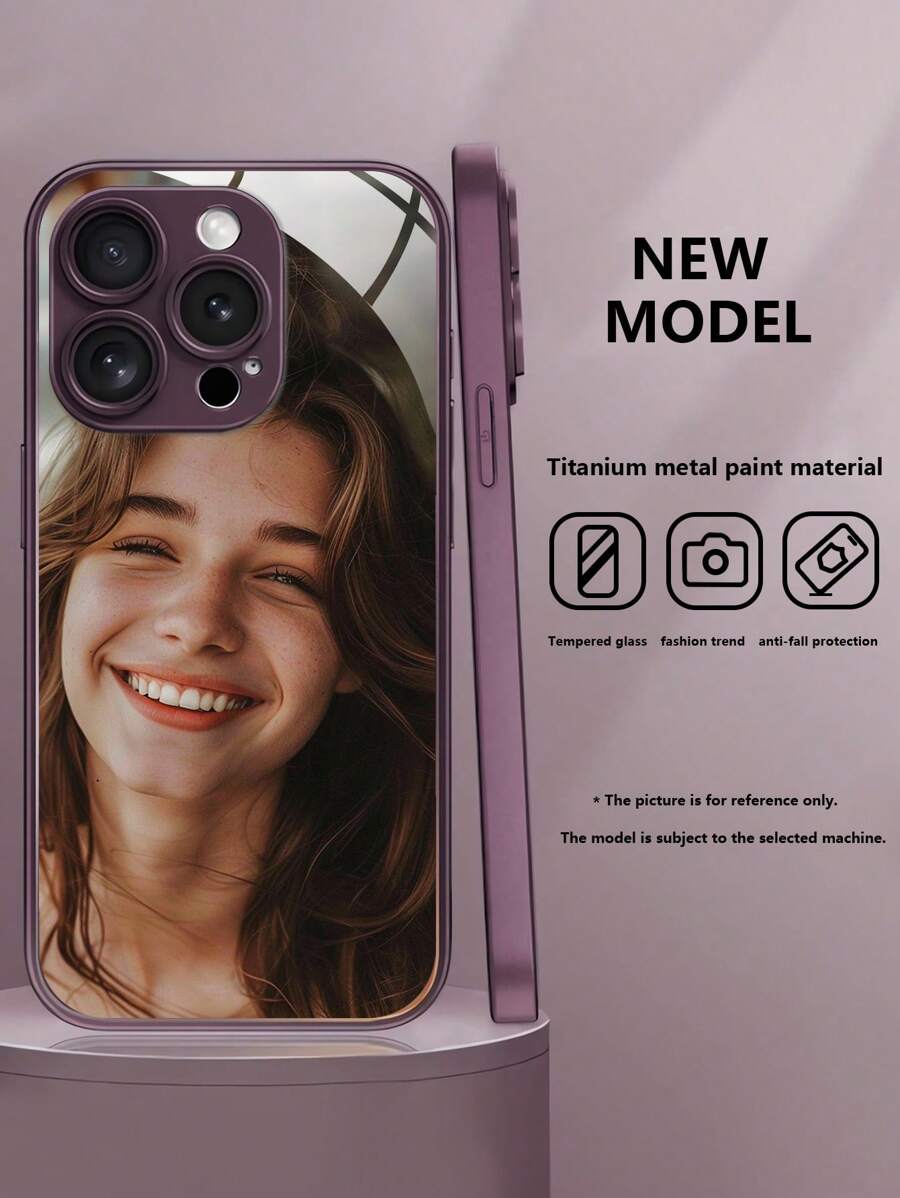 Mirror 1pc Photo Metal Paint Glass Phone Case, Compatible With Apple  16/16Pro/16Plus/16ProMax, Suitable For Valentine's Day/Couples/Family/Children/Pets - Purple - View 1