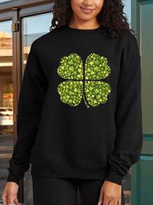 Green Clover Patternprint Crew Neck Sweatshirt For Men And Women, Suitable For All Seasons - Black - View 1