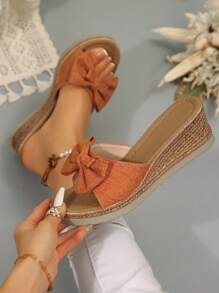 Women's Denim Bow Decor Wedge Heel Thick Sole Sandals, Fashionable Jute Bottom Summer Sandals