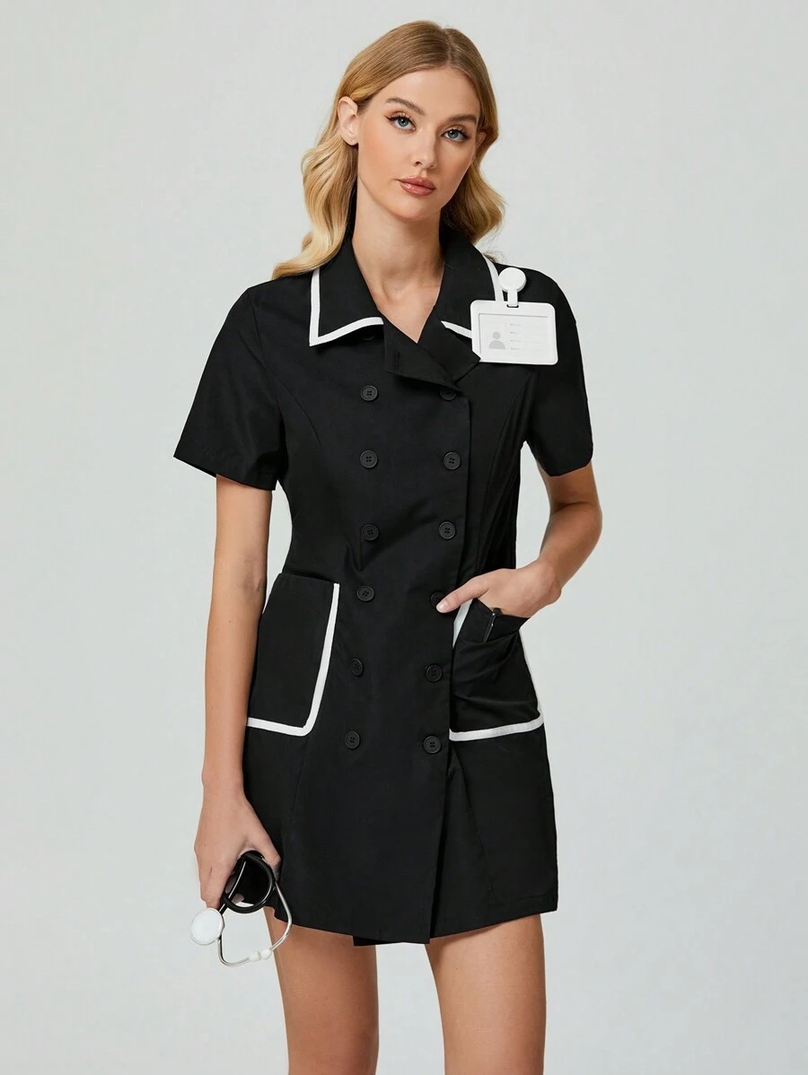 cimmuovere Ribbon Design Double-Breasted Collar & Pocket Elastic Waist Casual Or Professional Commute Elegant Women Pocket Lab Coat Surgical Gown Nurse Clinic Dental Doctor Beauty Salon Psychologist Private Care Dress Veterinary Hospital - Black - View 1