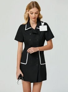 cimmuovere Ribbon Design Double-Breasted Collar & Pocket Elastic Waist Casual Or Professional Commute Elegant Women Pocket Lab Coat Surgical Gown Nurse Clinic Dental Doctor Beauty Salon Psychologist Private Care Dress Veterinary Hospital - Black - View 6