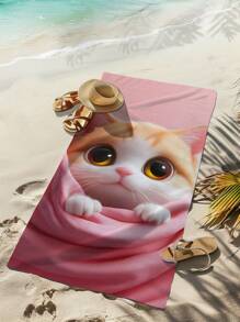 1pc Cute Cat Print Microfiber Beach Towel, Absorbent Swimming Bathroom Travel Blanket Summer,Holiday