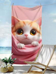 1pc Cute Cat Print Microfiber Beach Towel, Absorbent Swimming Bathroom Travel Blanket Summer,Holiday