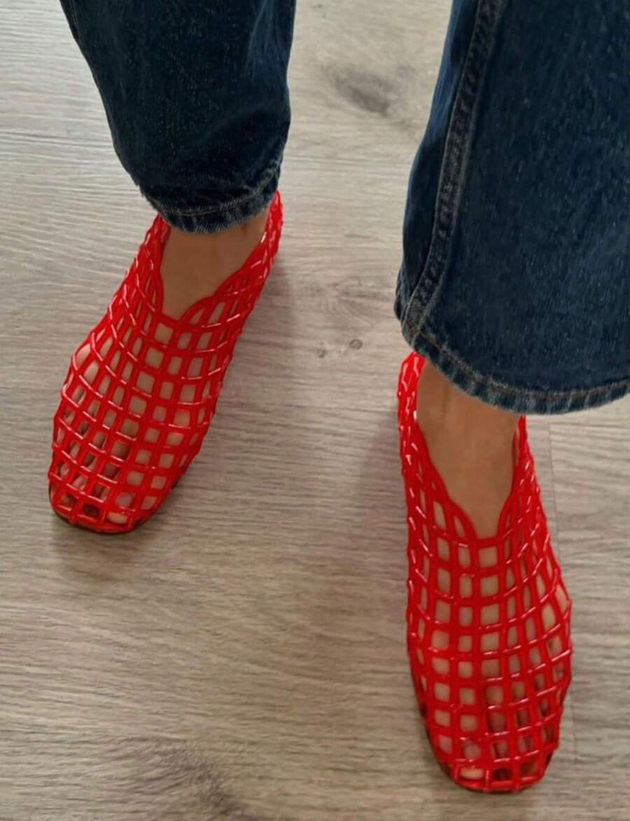 Blue Mesh Ballet Flats Shoes For Women Dressy Comfortable Jelly Ballerina Flats For Women HollowJelly Flats Clear Jelly Sandals For Women - 紅色 - 查看 1