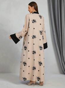 Women's Elegant Floral Print Colorblock Belted Abaya, Vacation Long Boho Modest Robe