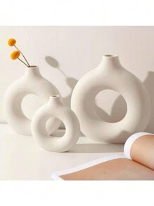 1pc Nordic Style Creative Donut Shaped Plastic Flower Vase, Decoration For Home, Living Room, Dining Table Home Decor Room Decor Glass Vase - Beige - View 2