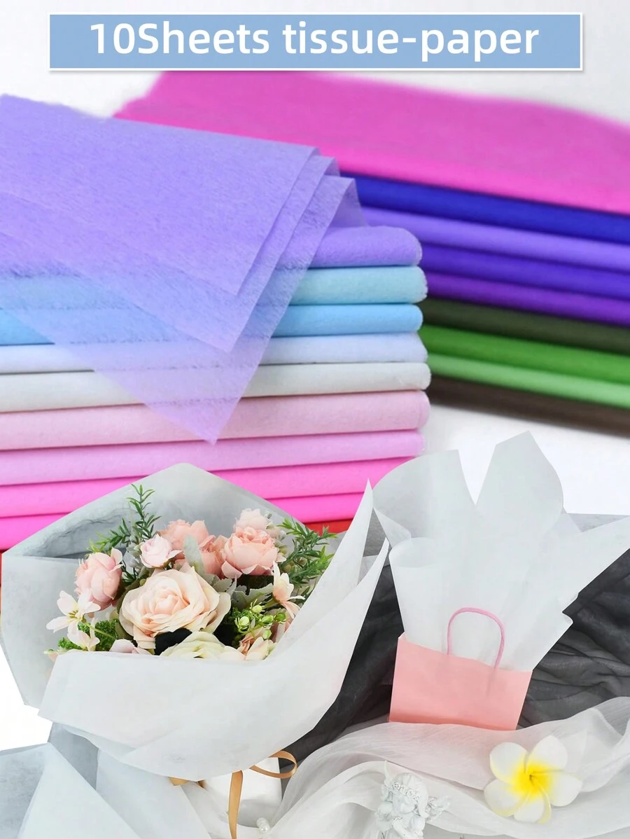 10 piezas de 48*48 cm Papel de seda artesanal DIY para ramos de flores, envoltura para regalos de boda, cumpleaños, Día de la Madre, San Valentín, con forro de algodón para arreglos florales