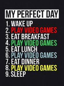 青少年男生圓領短袖T恤，夏季休閒有趣字母印花，適用於男孩的禮物 - 黑色 - 查看 4