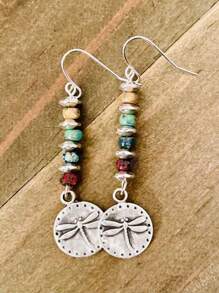 2 piezas Pendientes geométricos retro bohemios con cuentas de metal y piedras naturales multicolor para mujeres, fiestas, uso diario, regalo