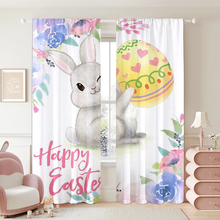 2pcs Cute Winking Easter Bunny Nuzzling An Egg Curtains-Rod Pocket ...