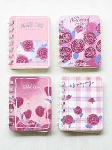 4pcs/Set Floral Embellished Spiral Notebooks, Pocket Sized Mini A7 Diaries, Portable For Office, School,School Supplies,Back To School