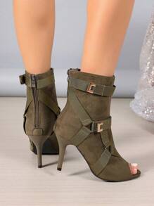 New Open Toe High Heel Boots Boots, European & American Style Stilettos Short Boots For Summer, Jazz Dance Heels, Lace-Up Strap Plus Size - Army Green - View 4
