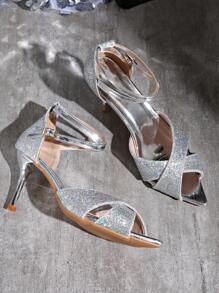 Damen neue glitzernde Kreuz-Knöchelriemen Runde Zehenspitze Stiletto High Heel Sandalen, modische Party Pumps - Silber - Übersicht 8