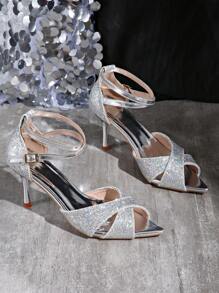 Damen neue glitzernde Kreuz-Knöchelriemen Runde Zehenspitze Stiletto High Heel Sandalen, modische Party Pumps - Silber - Übersicht 3