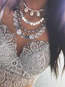 1 件复古硬币和流苏吊坠项链，波西米亚海滩风格，适合女性日常佩戴 - 銀色 - 查看 4