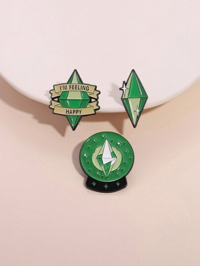 3pcs Green Crystal Shaped Metal Badge Brooch Pins, Backpack Lapel Shirt Hat Accessories, Suitable For Men & Women, Gift For Friends