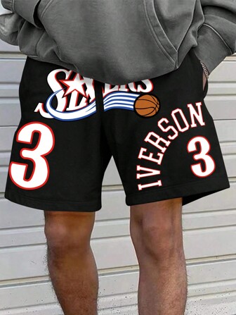 NEON DUSK Men's Black Loose Fit Basketball Number & Letter Print Sports Shorts, Casual Everyday Wear