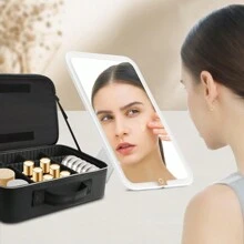 15''X11'' Large Makeup Bag With Removable Lighted Mirror, Professional Travel Makeup Train Case PU Leather Cosmetic Make Up Organizer With Adjustable Dividers & Brush Storage Board - màu đen - Xem 9