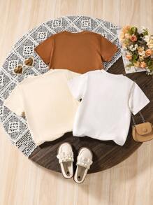 Bộ 3 áo thun tay ngắn cổ tròn in họa tiết trái tim và chữ cho bé gái, thời trang trẻ em, thoải mái, thoáng khí, mặc thường ngày mùa xuân/hè - Nhiều màu - Xem 2