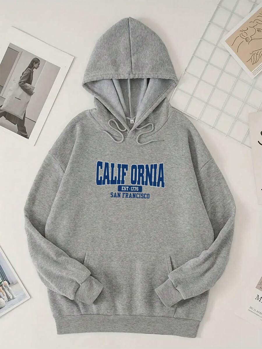 Capucha con estampado de letra con forro térmico con bolsillo de canguro con cordón - Gris - Ver 1