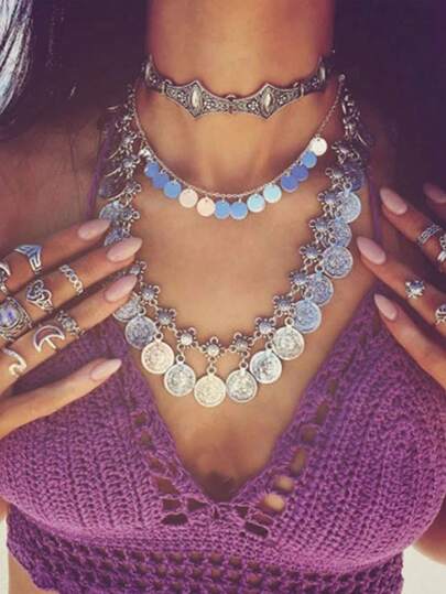 1pc Vintage Coin & Tassel Pendant Necklace, Bohemian Beach Style Suitable For Women Daily Wear