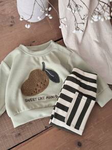 2pcs/Set Baby Boy Pear Embroidery Sweatshirt And Pants Set, Spring & Summer - Olive Green - View 4