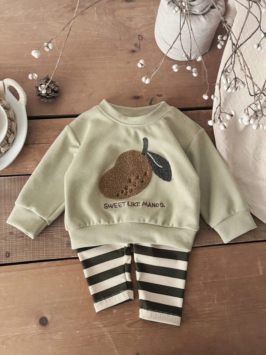 2pcs/Set Baby Boy Pear Embroidery Sweatshirt And Pants Set, Spring & Summer