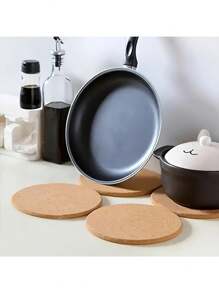 4-Piece Wooden Cork Coaster, 8.5-Inch Heat-Resistant, Suitable For Pots, Dishes And Plants, Kitchen And Dining Table Protection Pads, Home Accessories - Multicolor - View 2