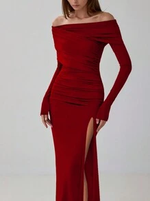 1 Peça Vestido Longo Elegante Feminino com Ombros à Mostra, Manga Longa, Ajustado, Franzido, com Fenda Lateral, de Volta às Aulas para Outono/Inverno, Design Bardot para Festa de Natal e Ano Novo, Vestido de Festa do Dia dos Namorados - Vinho - Visão 5