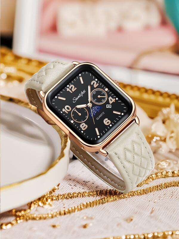 Women's Watch Casual Luxury Minimalist Commercial Grid Multi-Color Calendar Leather Band Quartz Wrist Watch, Gift For Girlfriend Or Mother