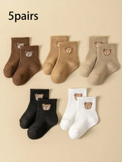 5 pares de calcetines de bebé, calcetines de tubo medio para infantes y niños pequeños con patrón de oso lindo, unicolor y cómodos