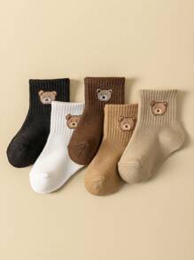 5pairs Baby Socks Infant Toddler Mid-Tube Cute Bear Pattern Kids Socks Solid Color Comfortable