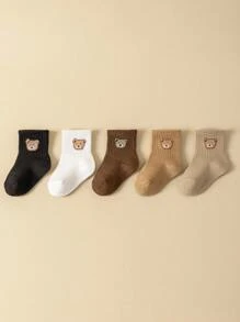 5pairs Baby Socks Infant Toddler Mid-Tube Cute Bear Pattern Kids Socks Solid Color Comfortable