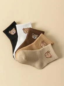 5pairs Baby Socks Infant Toddler Mid-Tube Cute Bear Pattern Kids Socks Solid Color Comfortable